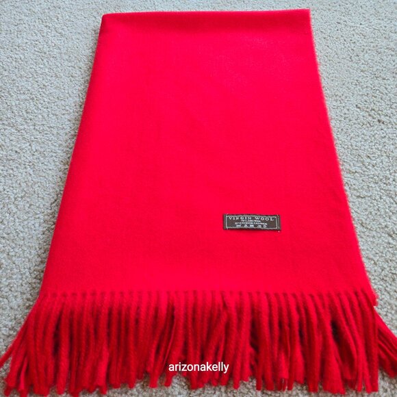 Wool/Cashmere Red Scarf with Fringe Virgin Wool - Picture 12 of 13